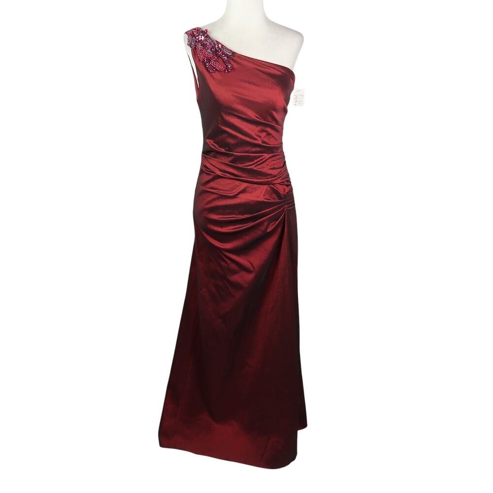 Vintage Y2K Hailey Adrianna Papell Burgundy Shiny Taffeta One Shoulder Gown 4